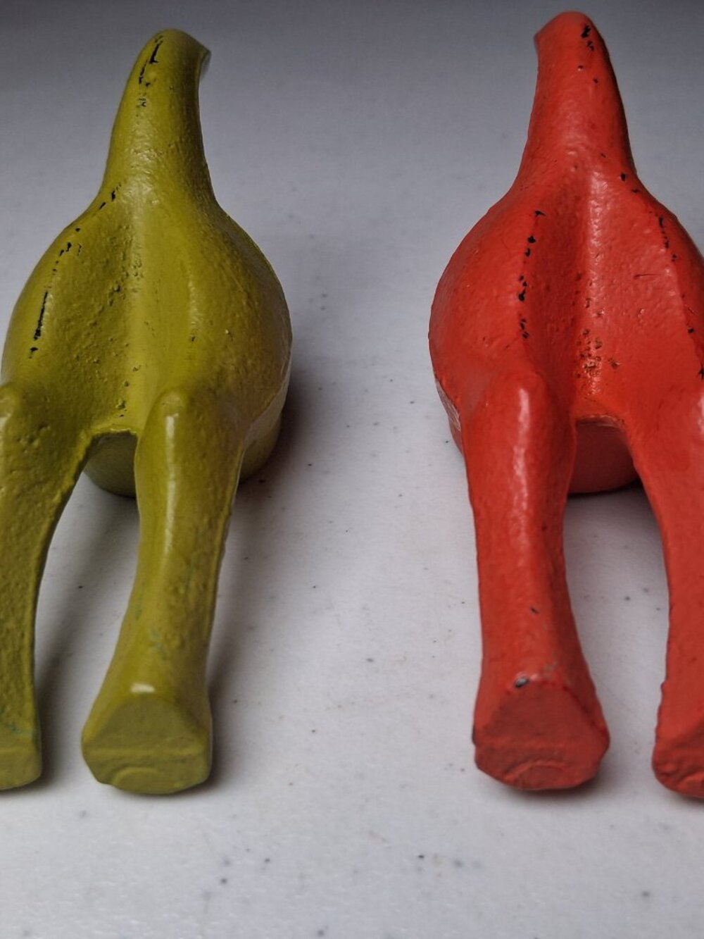 Cast Iron Dog Tail Hooks Pair Wall Mounted Hanging Orange Lime Green Dogs 5" - Picture 3 of 15